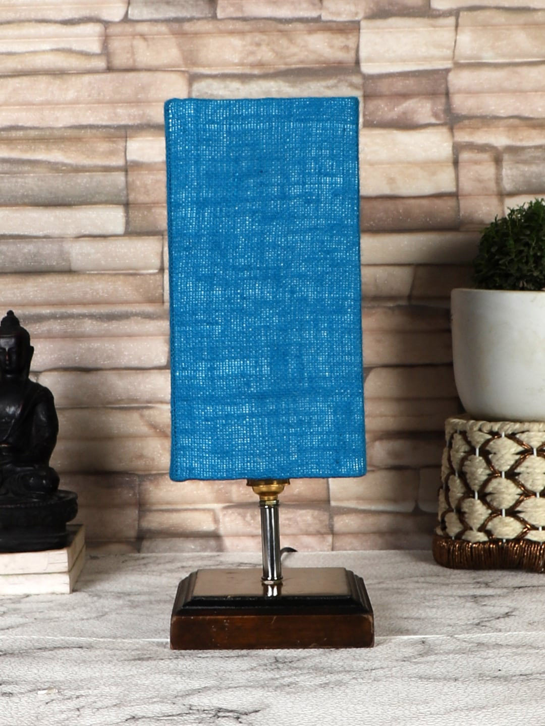 Devansh Turquoise Blue & Brown Jute Square Table Lamp With Wood Base