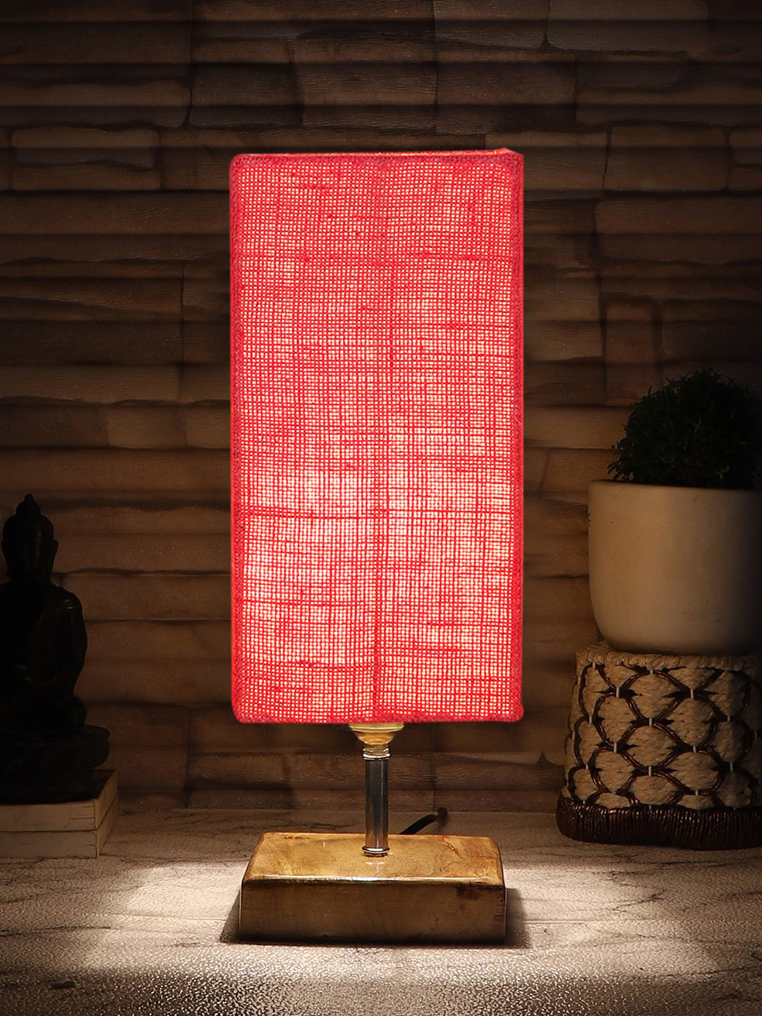 Devansh Pink & Brown Jute Table Lamp With Square Wood Base