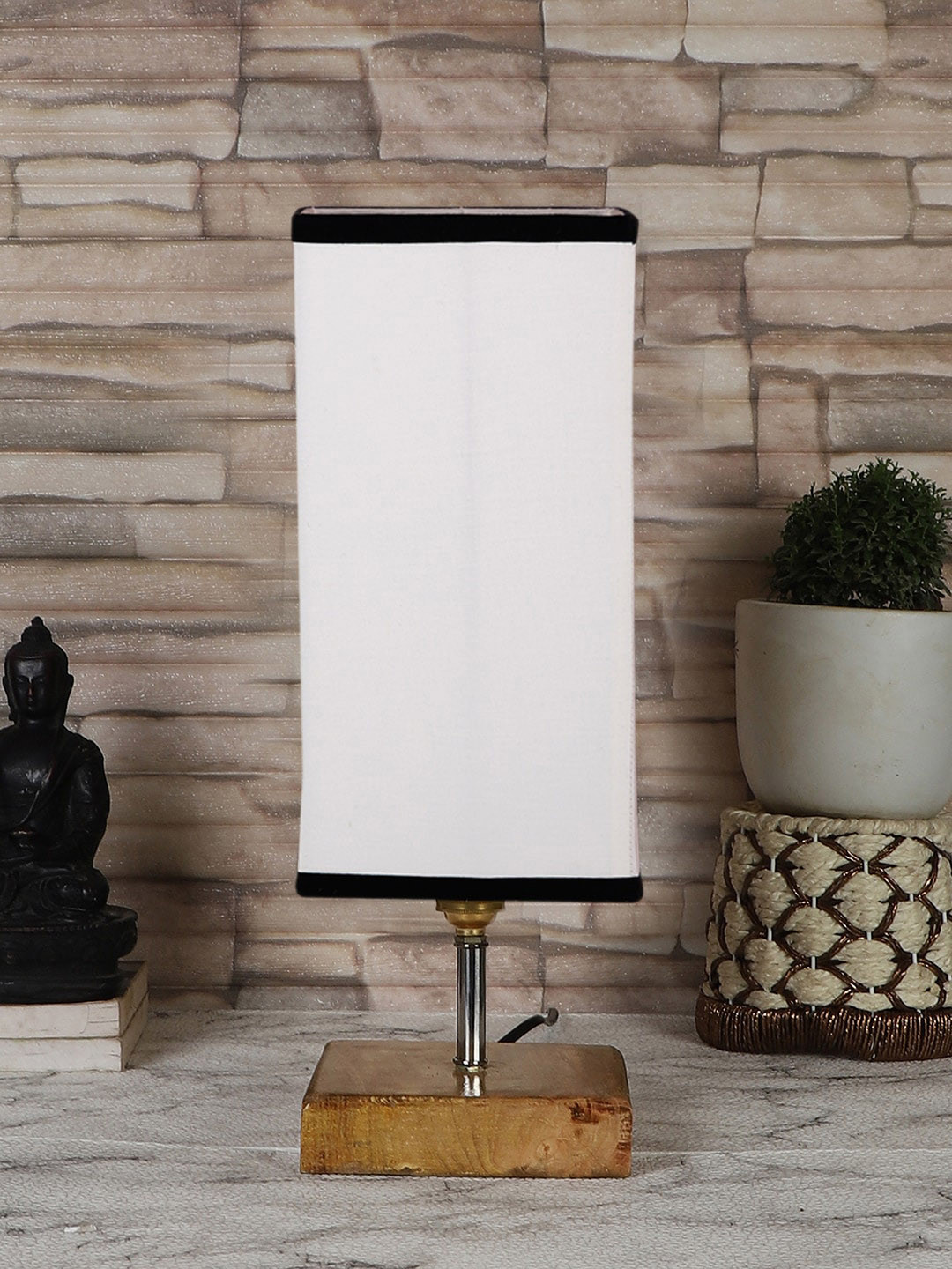 Devansh White & Black Cotton Table Lamp With Square Wood Base