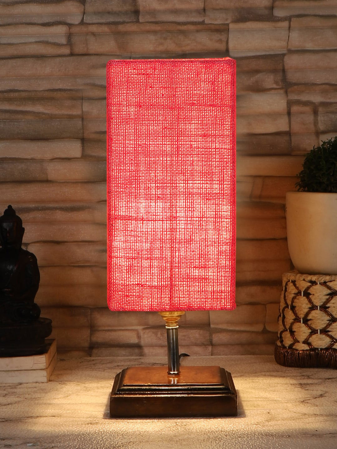 Devansh Pink & Brown Jute Table Lamp With Square Wood Base