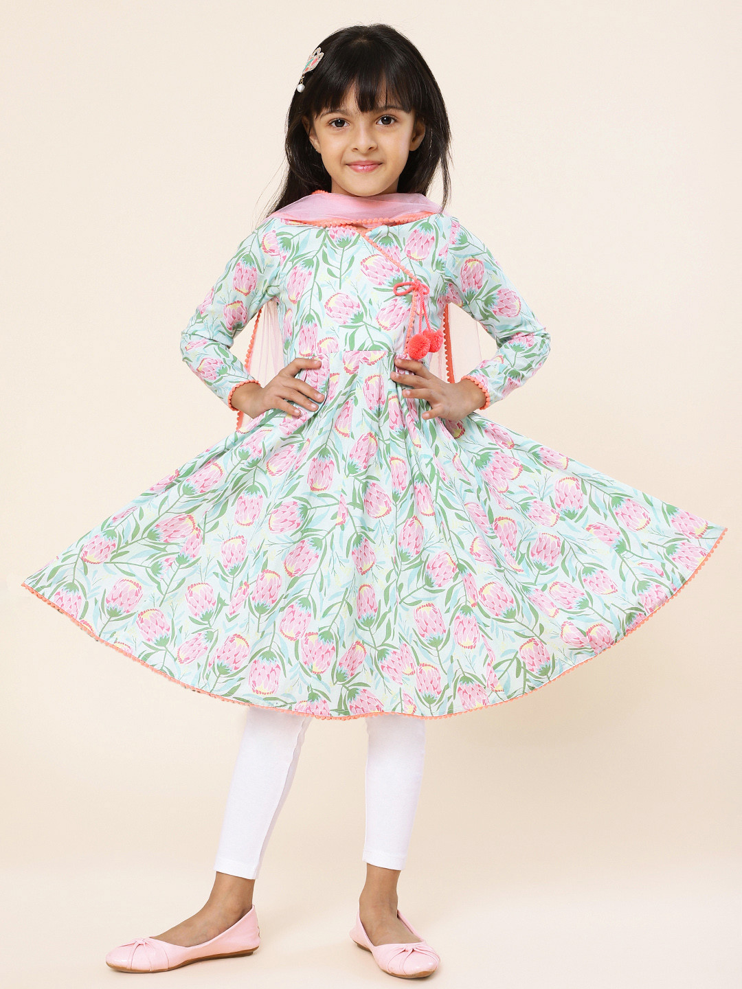 A.T.U.N. Girls Floral Printed Angrakha Pure Cotton Kurta With Leggings & Dupatta