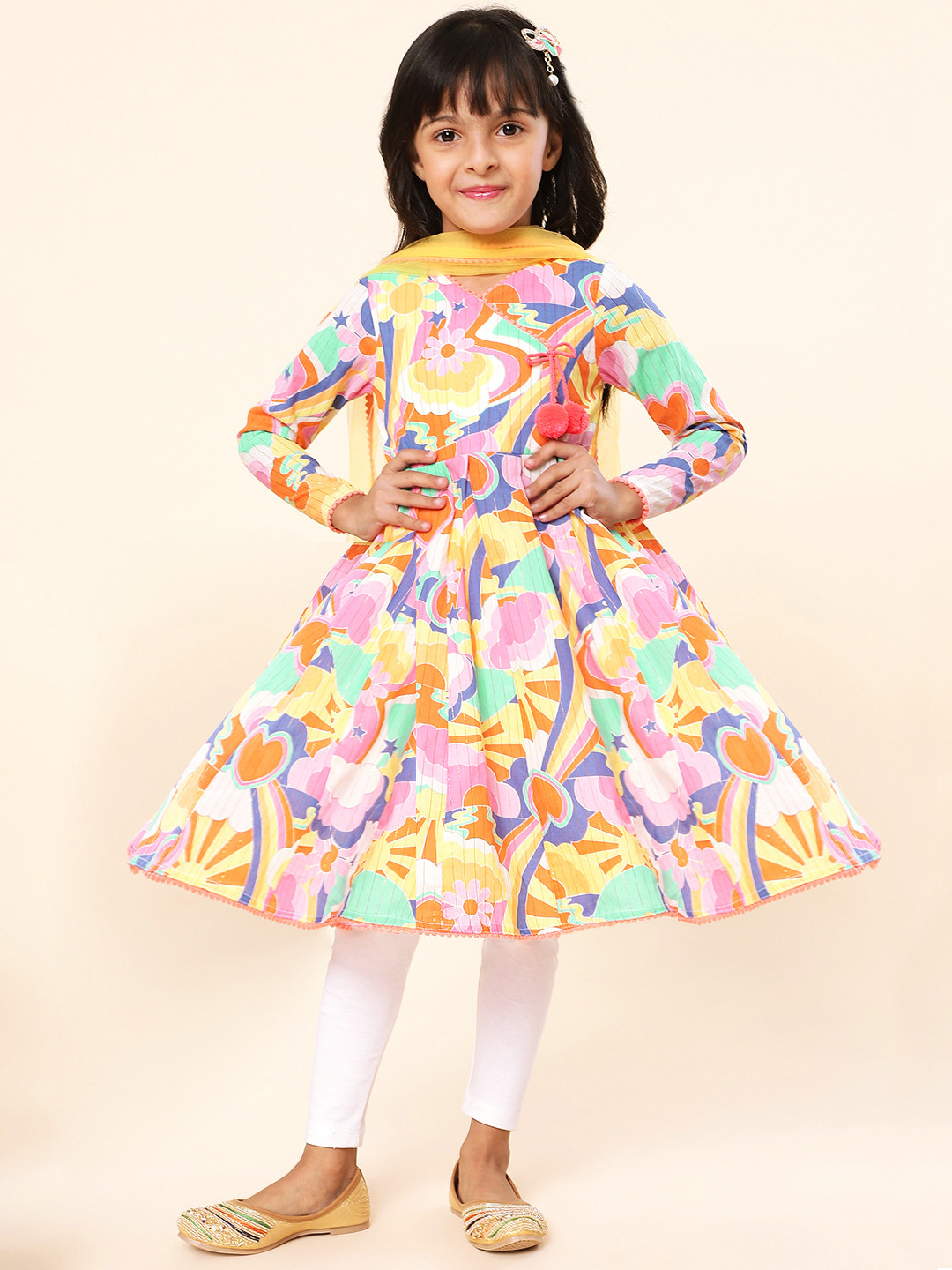 A.T.U.N. Girls Printed V Neck Angrakha Kurta With Dupatta