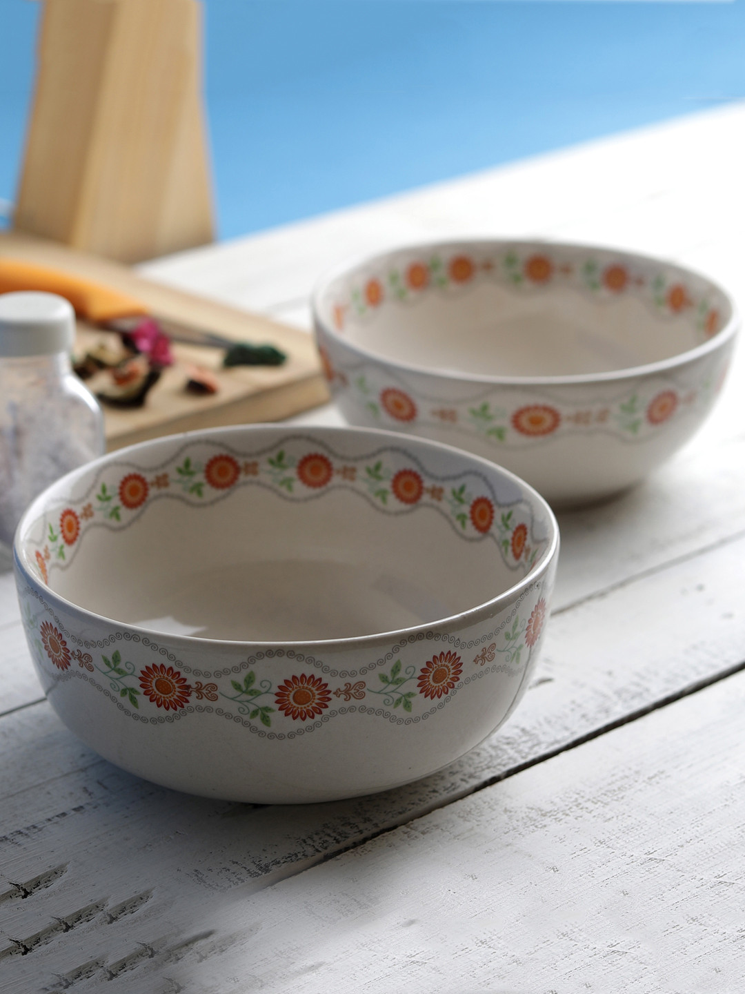MIAH DECOR Off-White & Orange Handcrafted Matte Ceramic Set of 2 Bowls