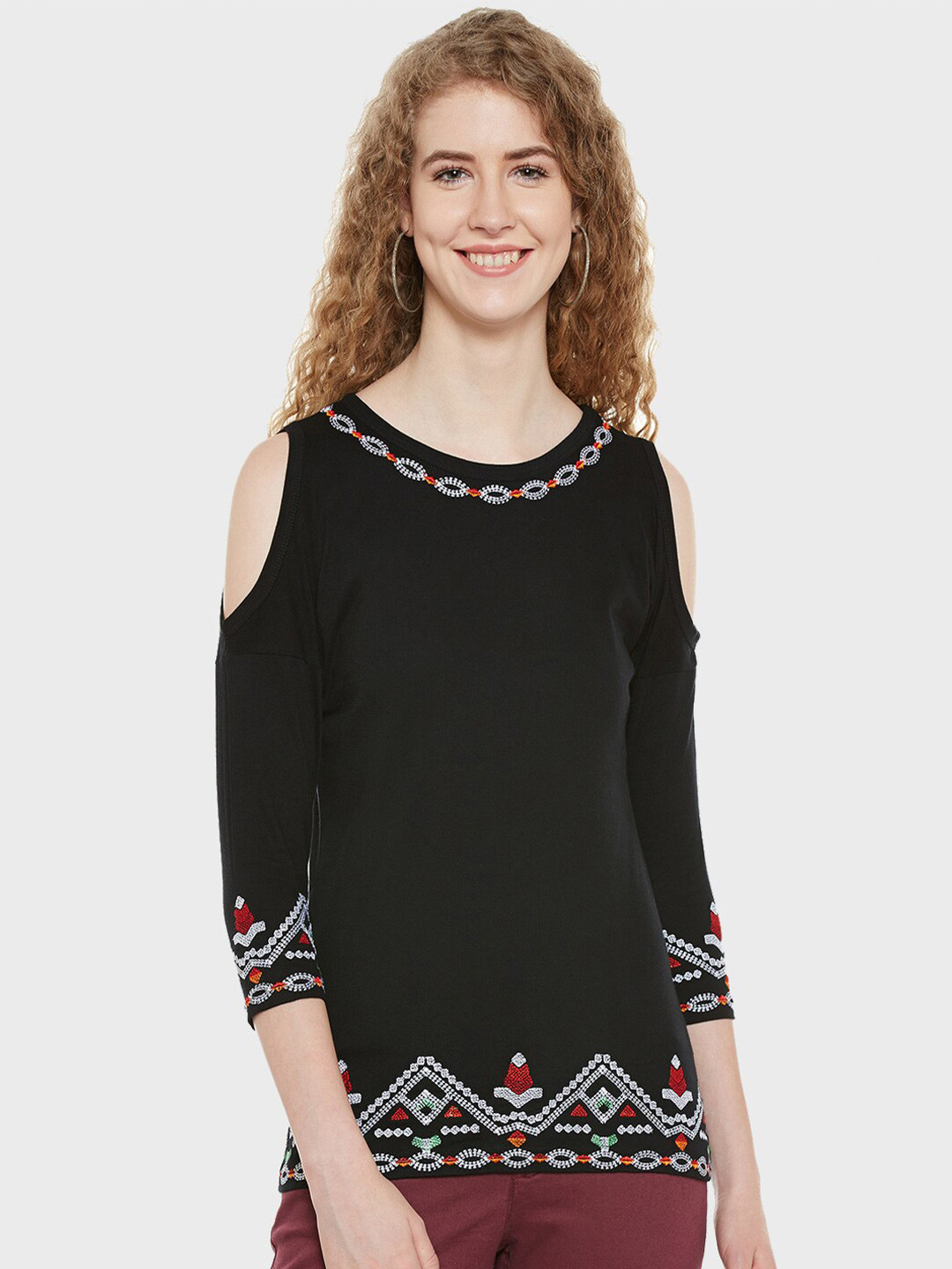 Hypernation Embroidered Cold-Shoulder Round Neck Cotton Top