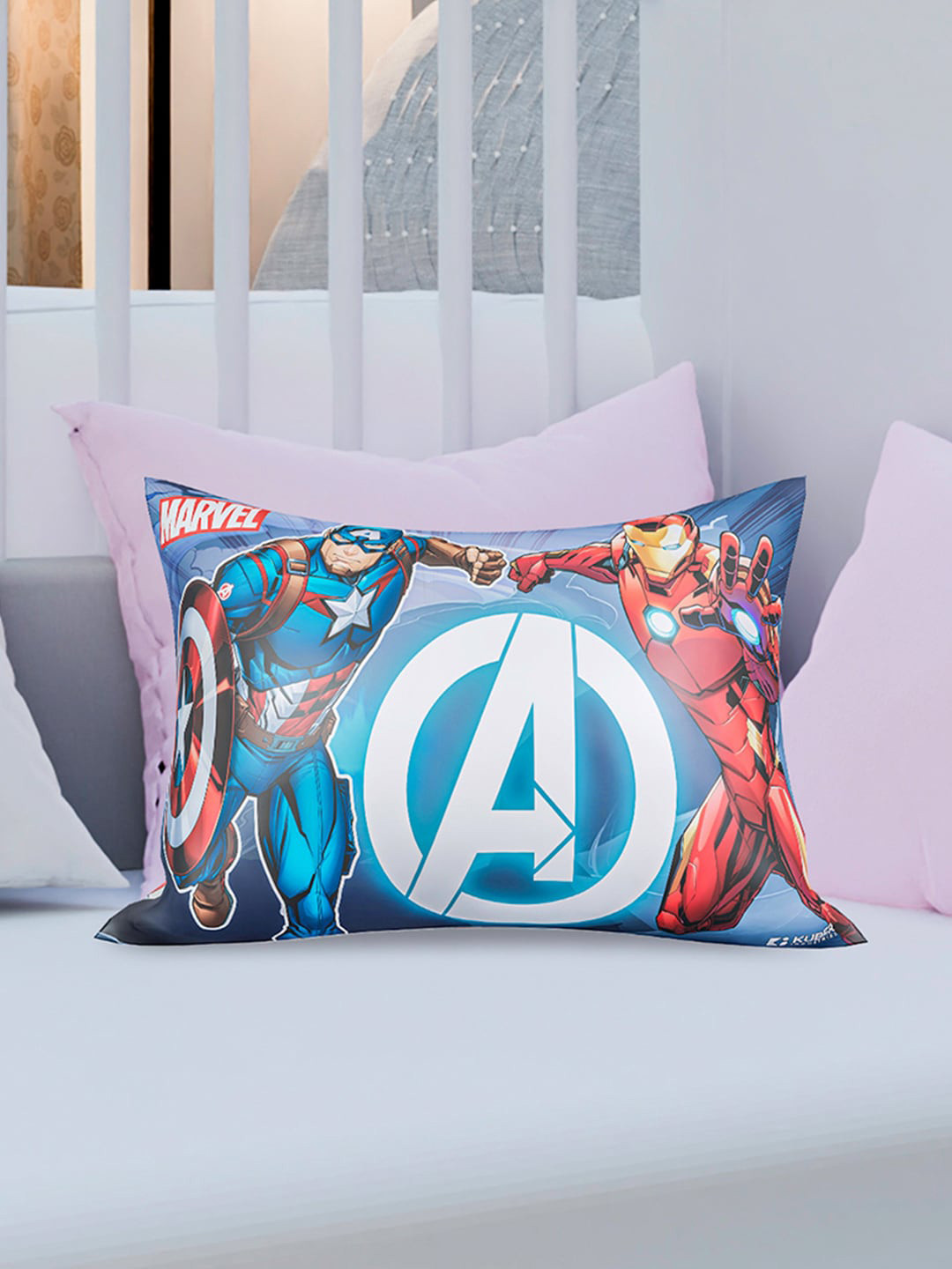 Kuber Industries Marvel Avengers Blue Cartoon Characters Polyester Set of 2 Medium Fibre Baby Pillow-14 x 31 x 46 cm