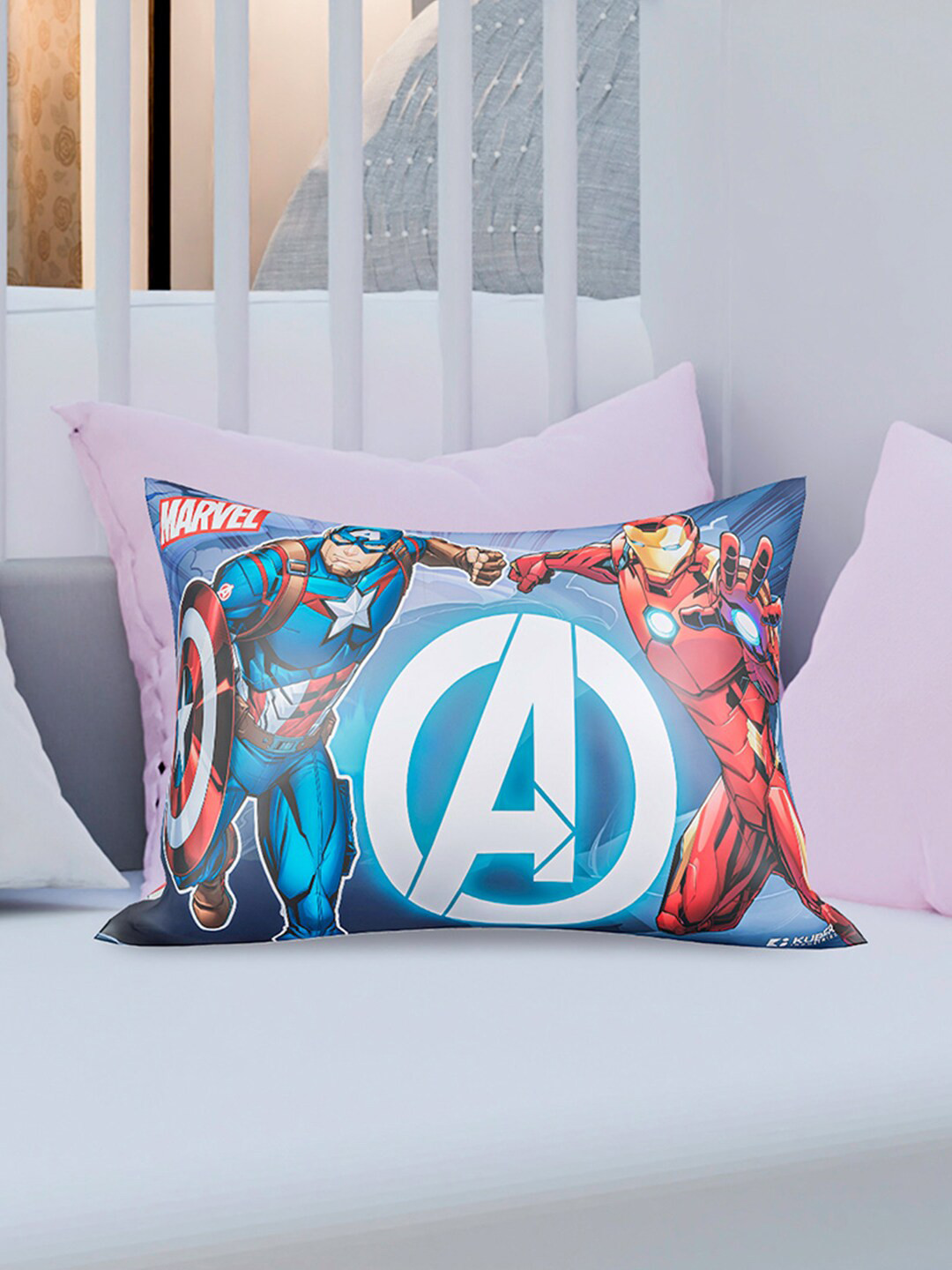 Kuber Industries Marvel Avengers Blue Cartoon Characters Polyester Medium Fibre Baby Pillow-14 x 31 x 46 cm