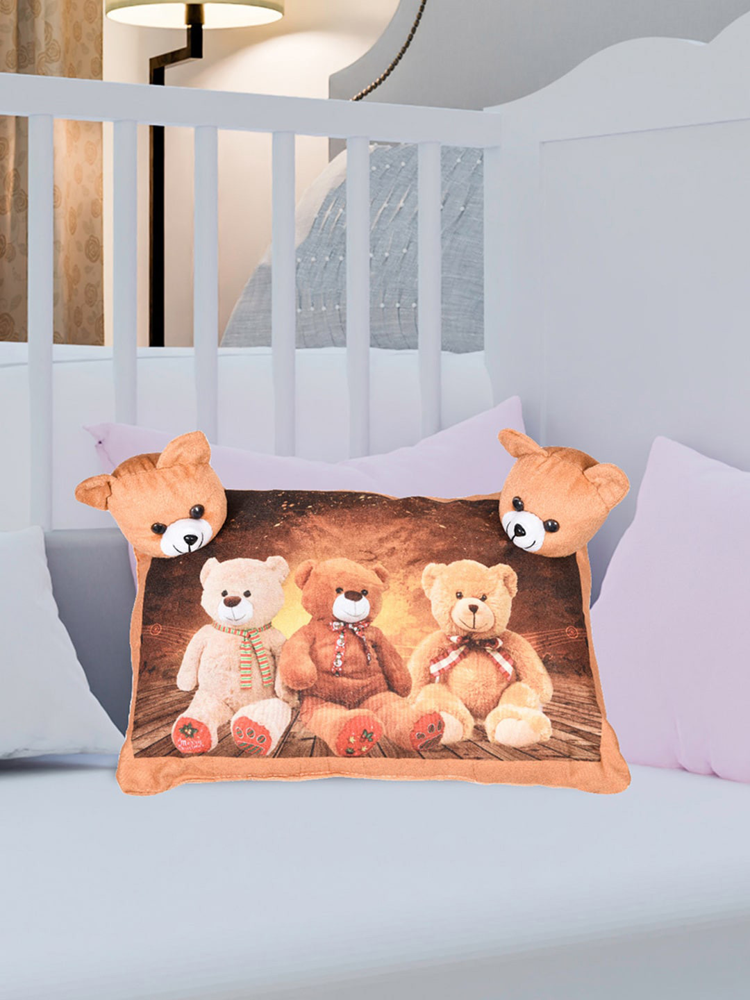 Kuber Industries Teddy Bear Brown Cartoon Characters Faux Velvet Stain-Resistant Set of 2 Medium Fibre Baby Pillow-46 x 31 x 31 cm