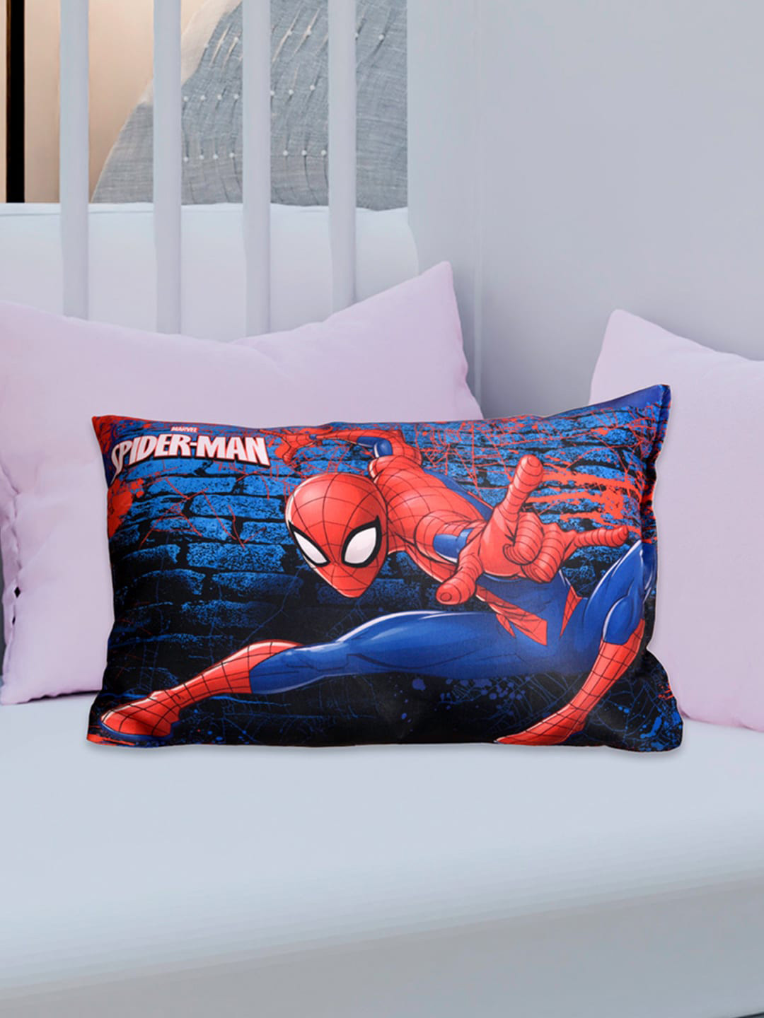 Kuber Industries Marvel Spiderman Navy Blue Cartoon Characters Polyester Set of 2 Medium Fibre Baby Pillow-14 x 31 x 46 cm