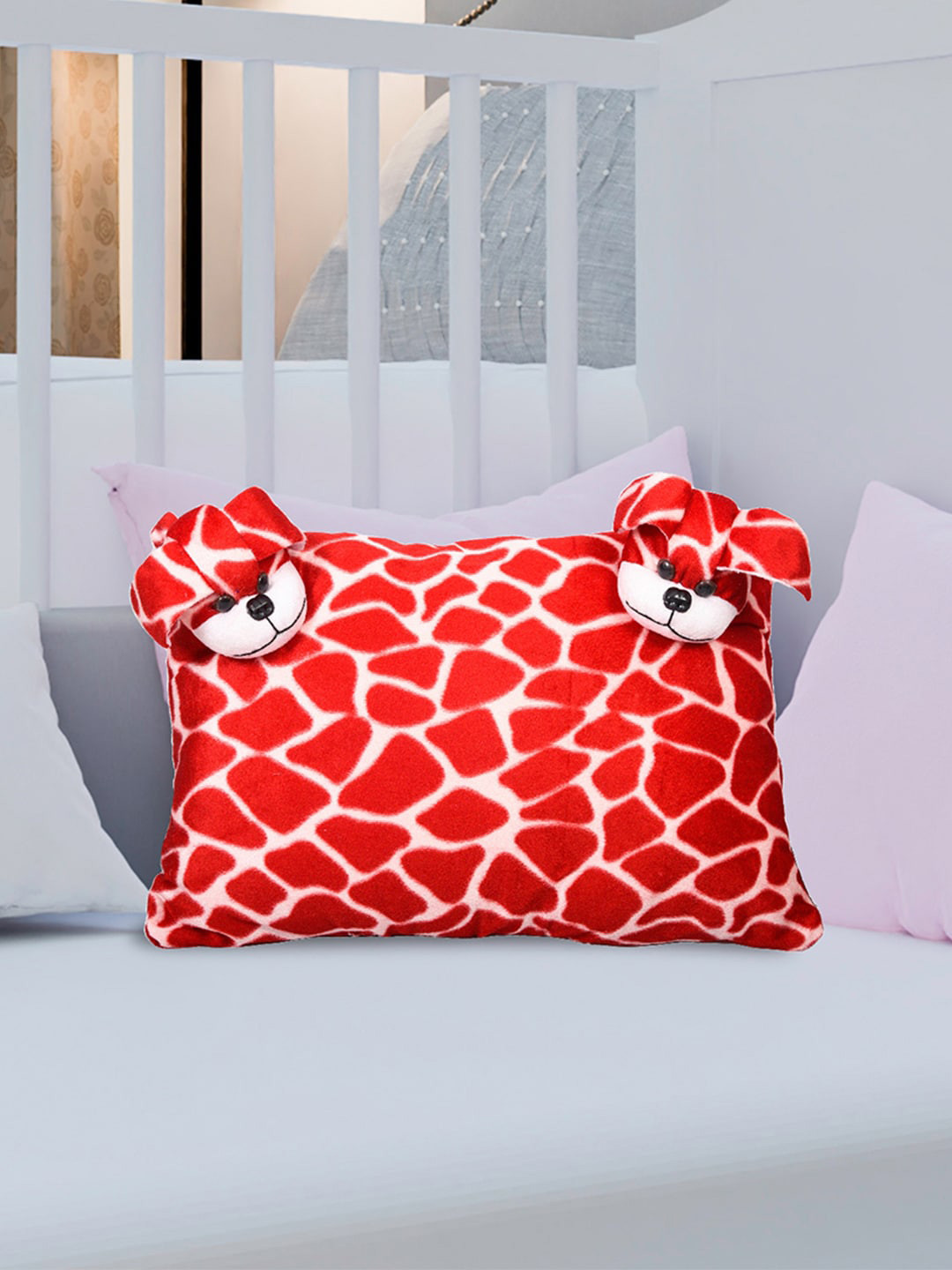 Kuber Industries Teddy Bear Red Solid Faux Velvet Set of 2 Medium Fibre Baby Pillow-14 x 31 x 46 cm