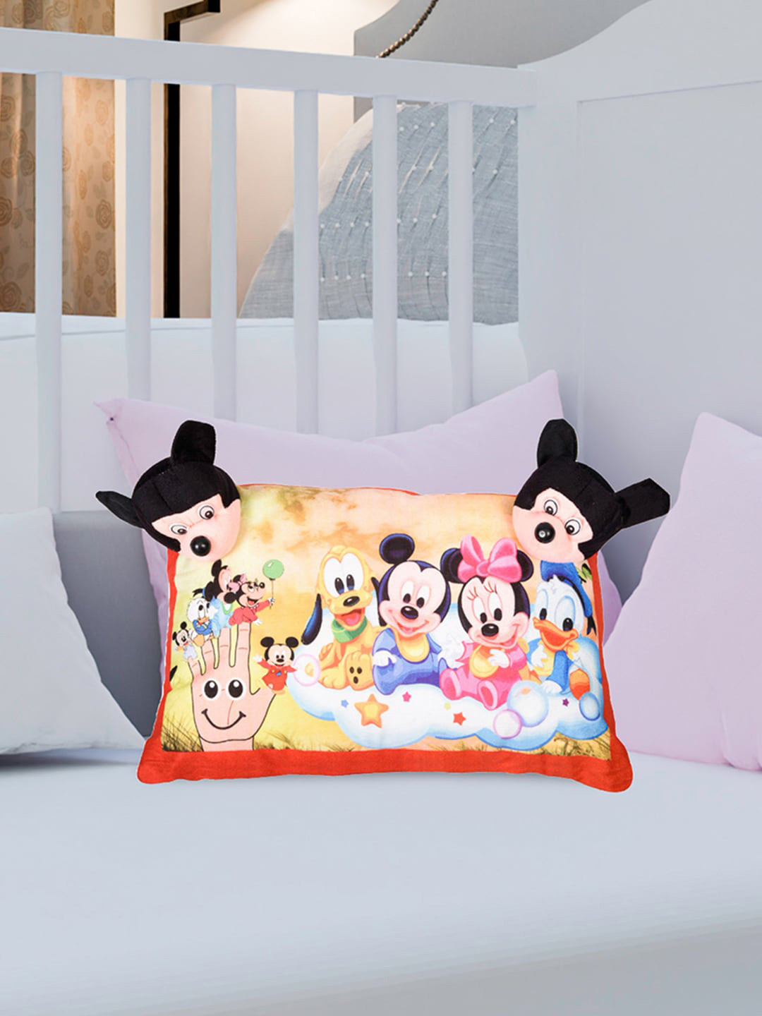 Kuber Industries Disney Mickey & Friends Red Cartoon Characters Faux Velvet Medium Fibre Baby Pillow-14 x 31 x 46 cm