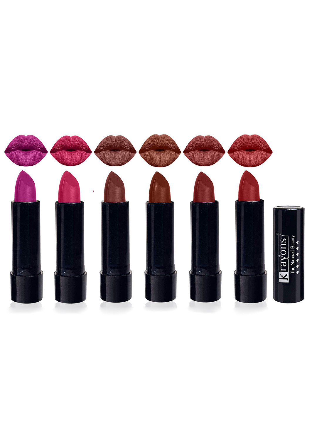 krayons Set of 6 Cute Pop Moisturizing Matte & Waterproof Lipsticks 3.5 g Each - French Rose 158 - Angel Pink 171 - Brick Tone 156 - Chocolate Mocha 167 - Cherry Maroon 195 - Signal Red 196
