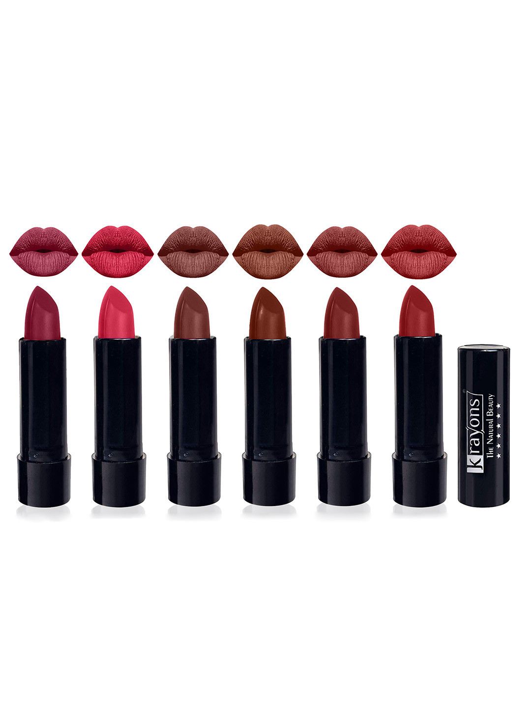 krayons Set of 6 Cute Pop Moisturizing Matte & Waterproof Lipsticks 3.5 g Each - Shocking Pink 152 - First Crush 160 - Brick Tone 156 - Chocolate Mocha 167 - Cherry Maroon 195 -  Signal Red 196