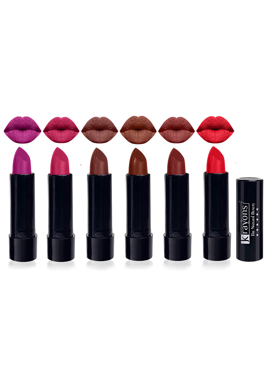 krayons Set of 6 Cute Pop Moisturizing Matte & Waterproof Lipsticks 3.5 g Each - French Rose 158 - Angel Pink 171 - Brick Tone 156 - Chocolate Mocha 167 - Cherry Maroon 195- Orange Crush 173