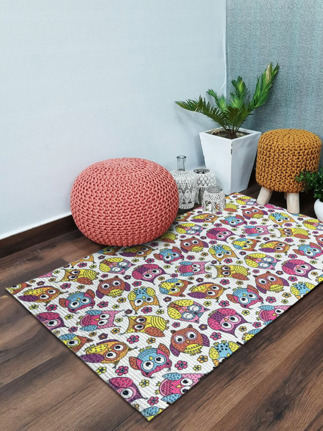 Mona B White & Pink Owl Printed Cotton Dhurrie Carpet