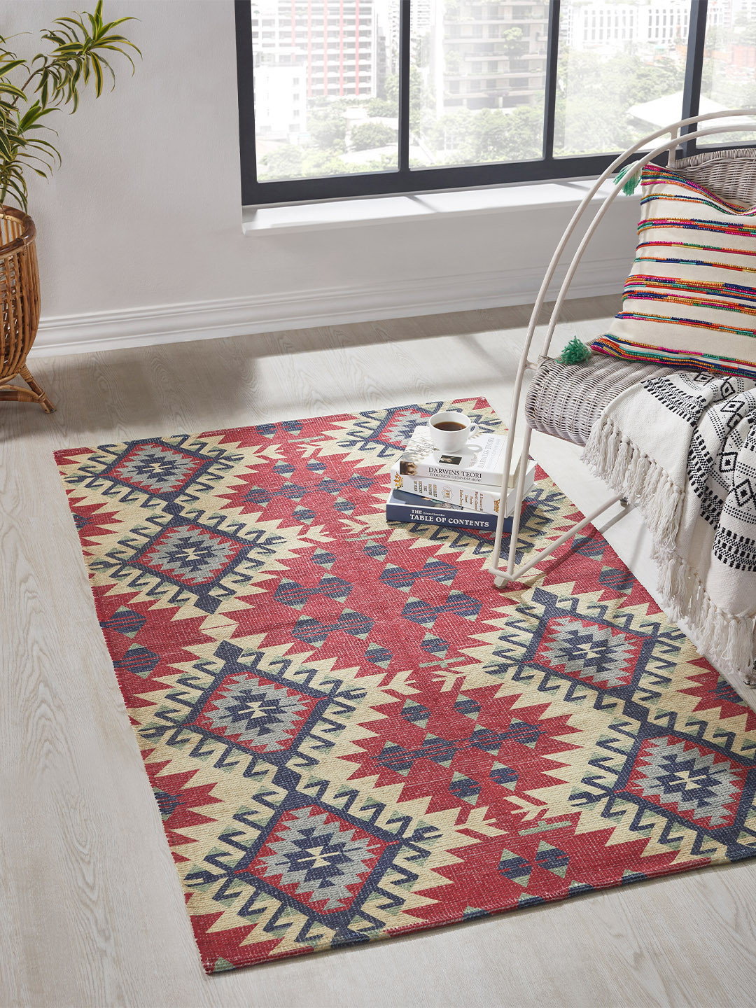 Mona B Red Printed Cotton Anti-Skid Vintage Dhurrie Carpet Rug
