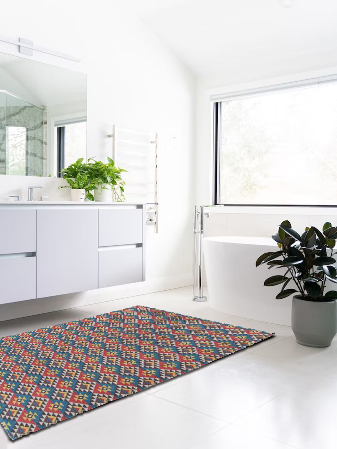 Mona B White & Red Printed Vintage Cotton Anti-Skid Dhurrie