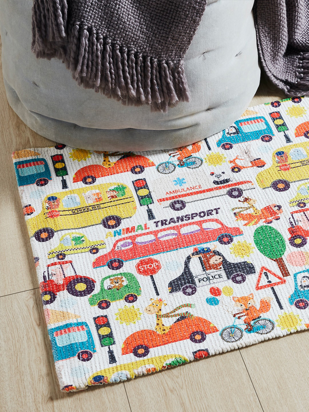 Mona B Kids White & Red Printed Vintage Cotton Anti-Skid Dhurrie Carpet