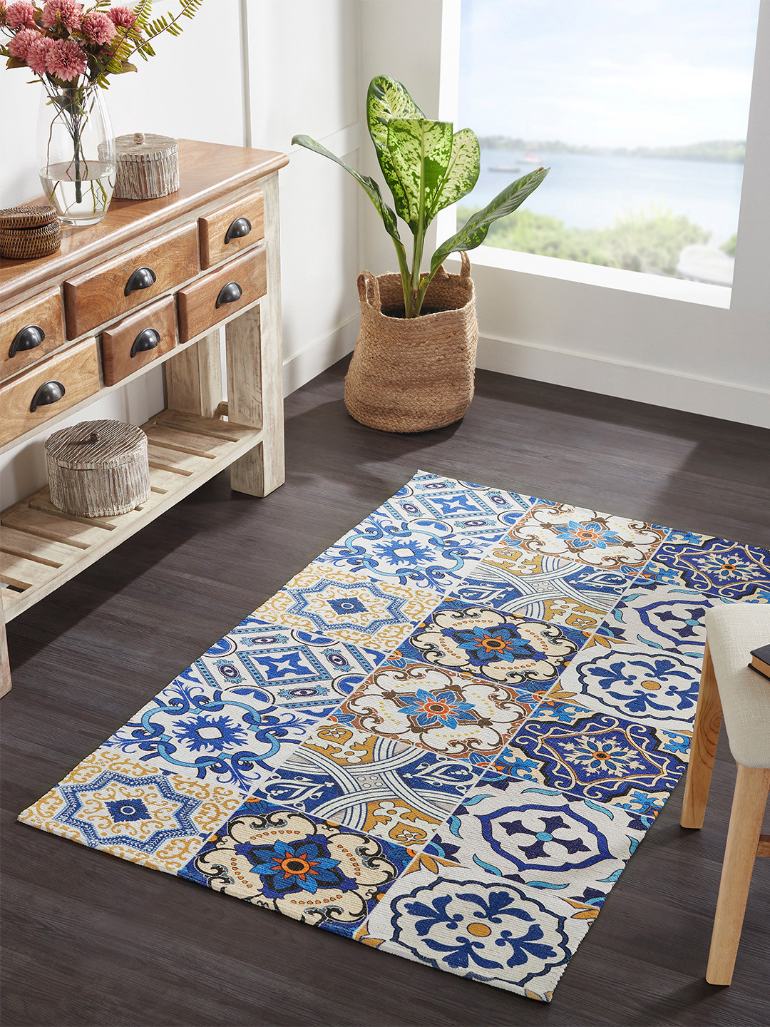 Mona B Blue Printed Cotton Anti-Skid Vintage Dhurrie Carpet Rug