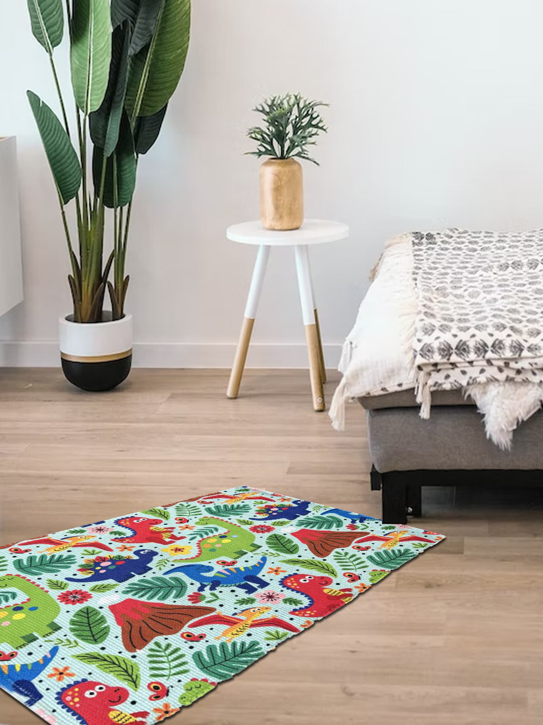 Mona B Kids White & Red Dino Printed Cotton Floor Carpet Rug