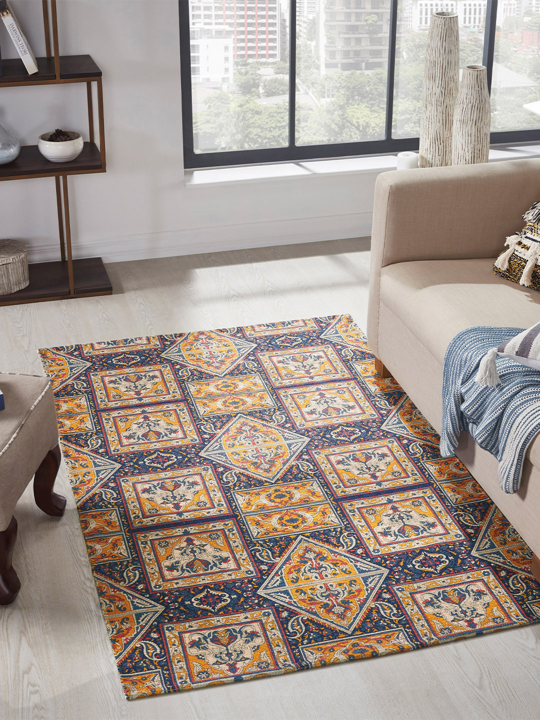 Mona B Blue & Orange Printed Cotton Floor Dhurrie Carpet Rug