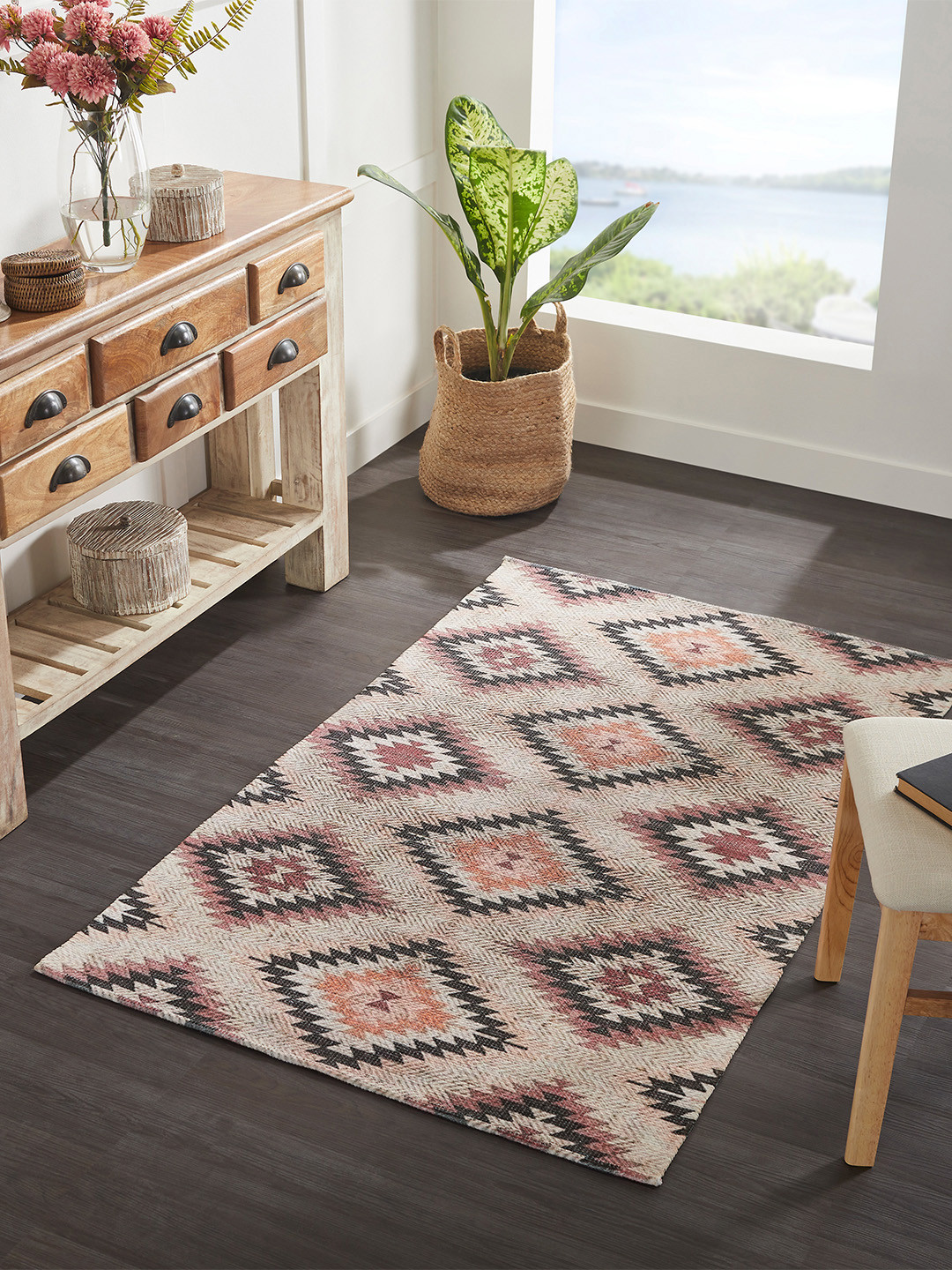 Mona B Beige & Black Printed Vintage Cotton Anti-Skid Dhurrie Carpet Rug