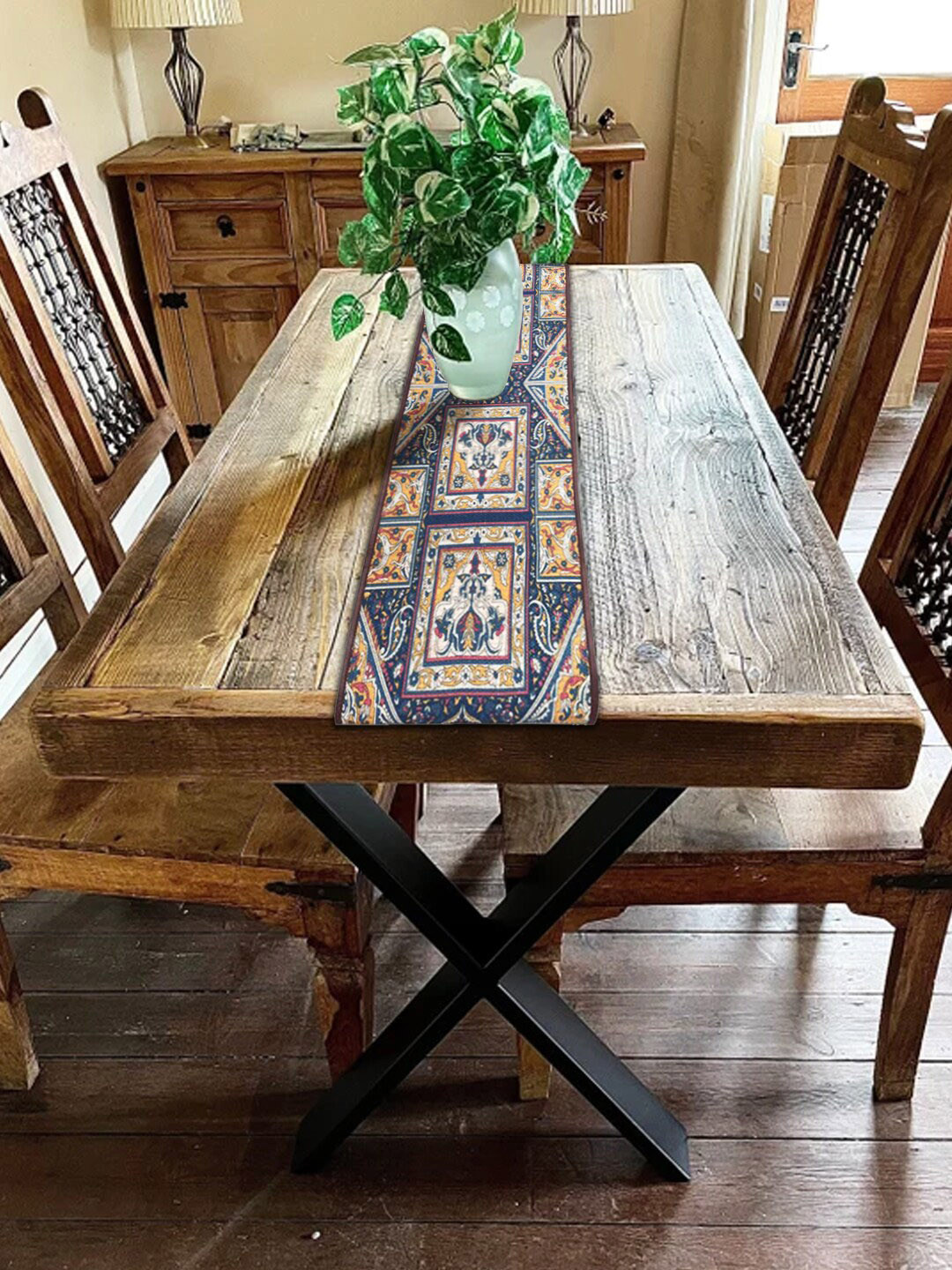 Mona B Blue & Yellow Printed Table Runner