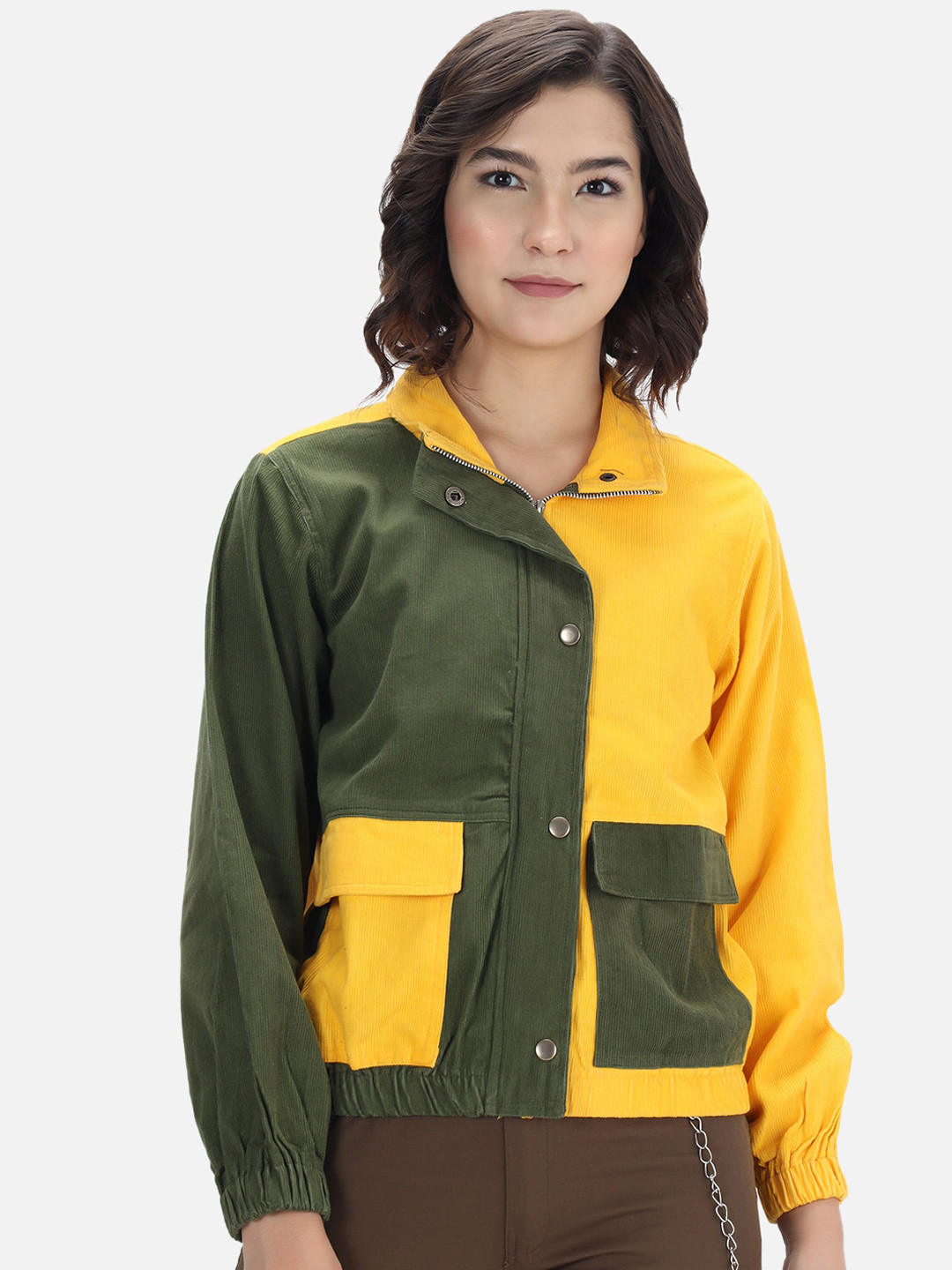 The Dry State Women Colourblocked Corduroy Bomber Jacket