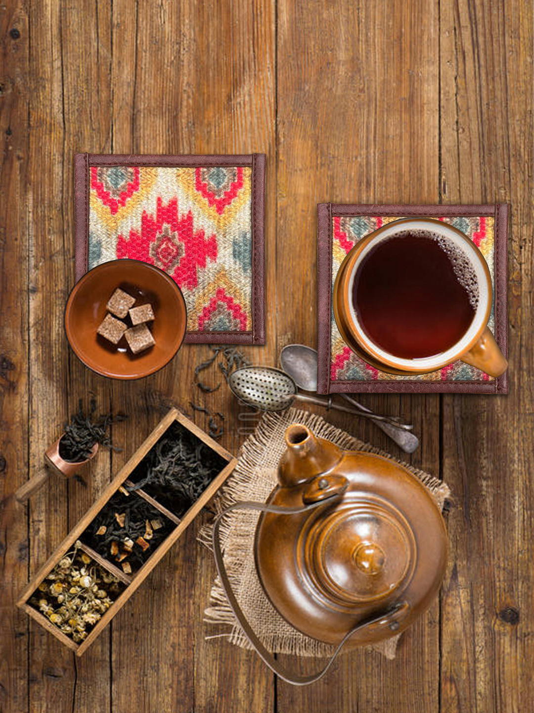 Mona B White & Orange 4 Pieces Red Printed Coasters