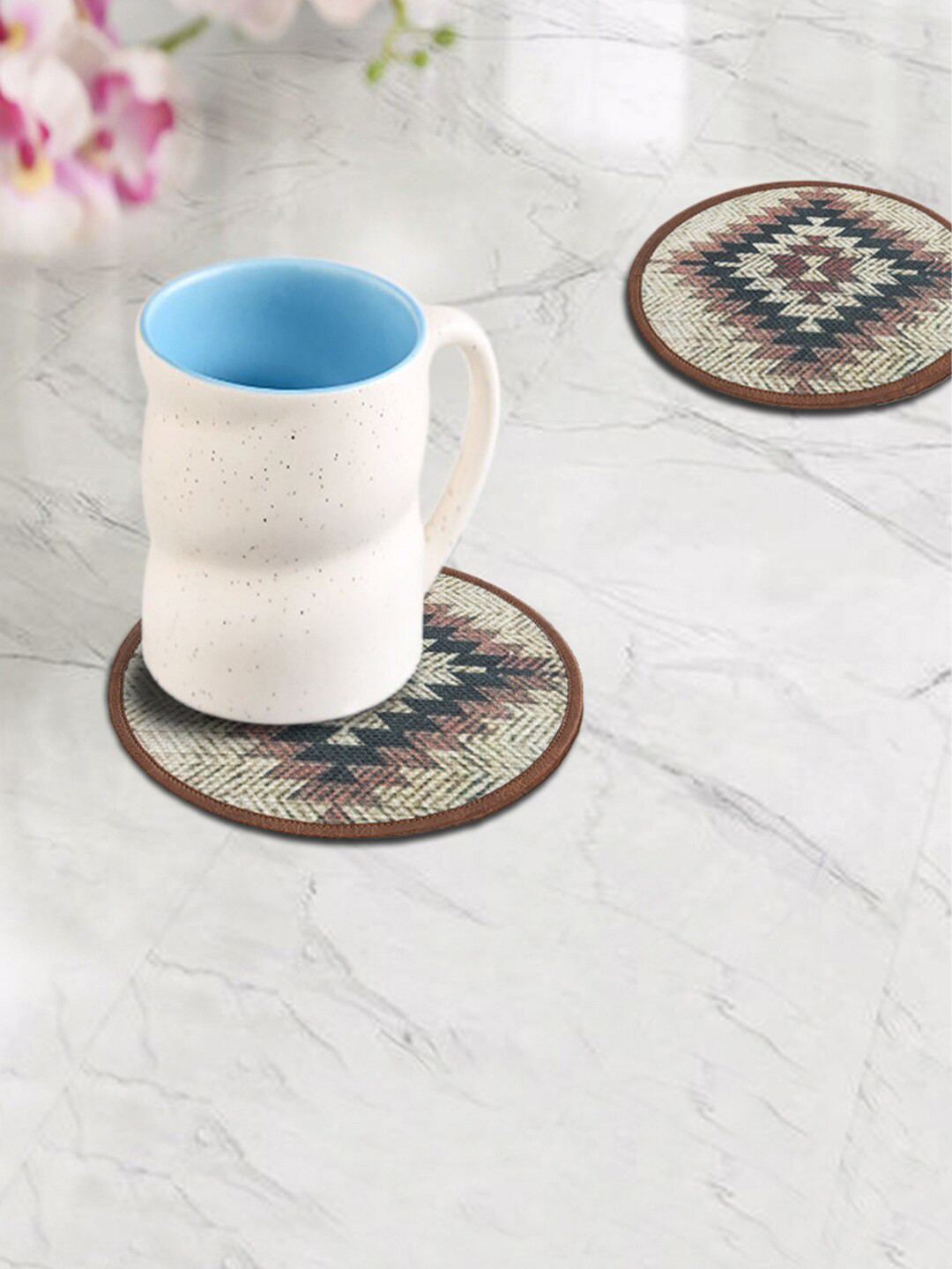 Mona B Beige Set of 4 Printed Round Coasters