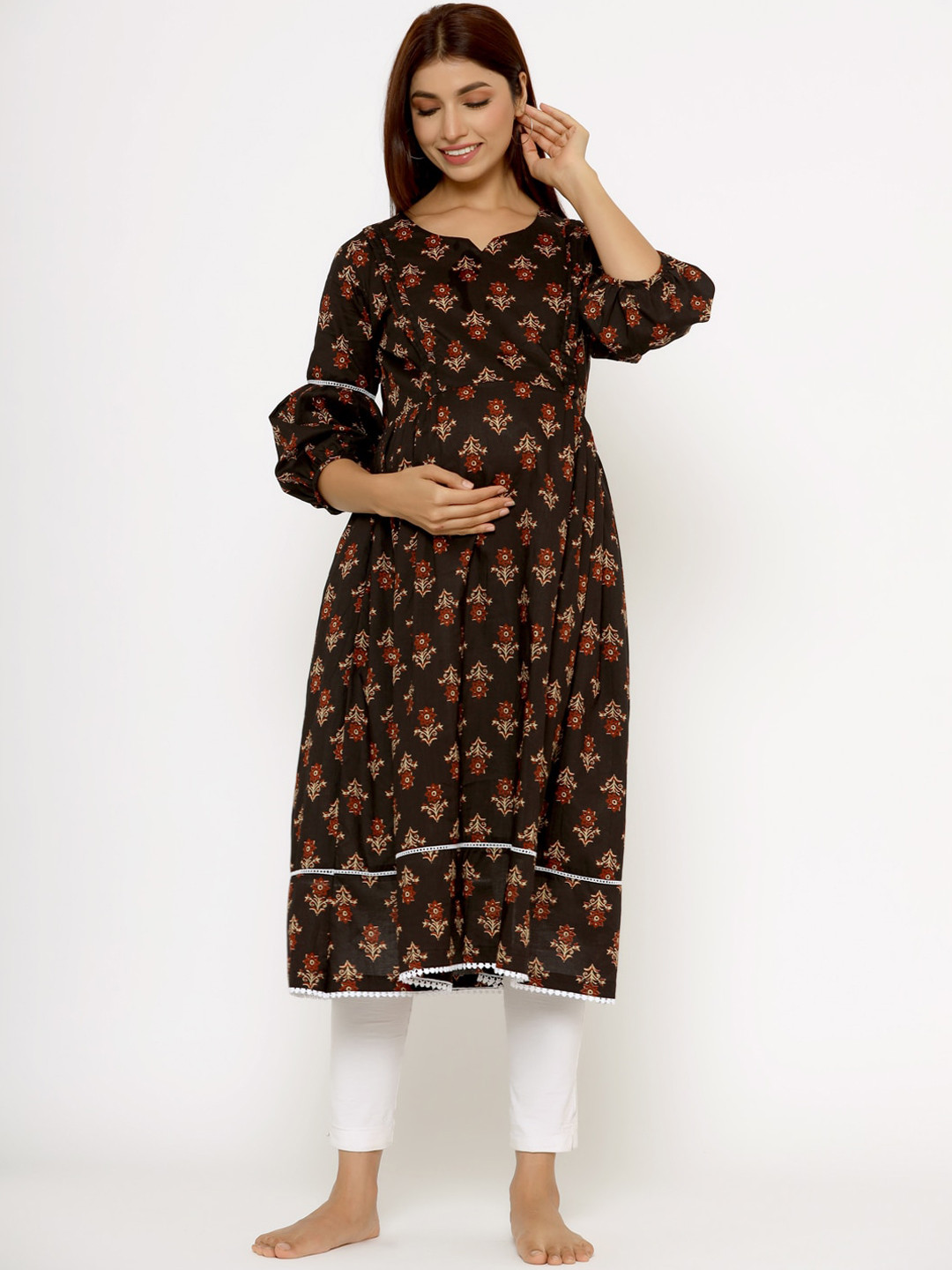 Ikk Kudi by Seerat Women Black Ethnic Motifs Printed Flared Sleeves Mirror Work Floral Maternity Anarkali Kurta