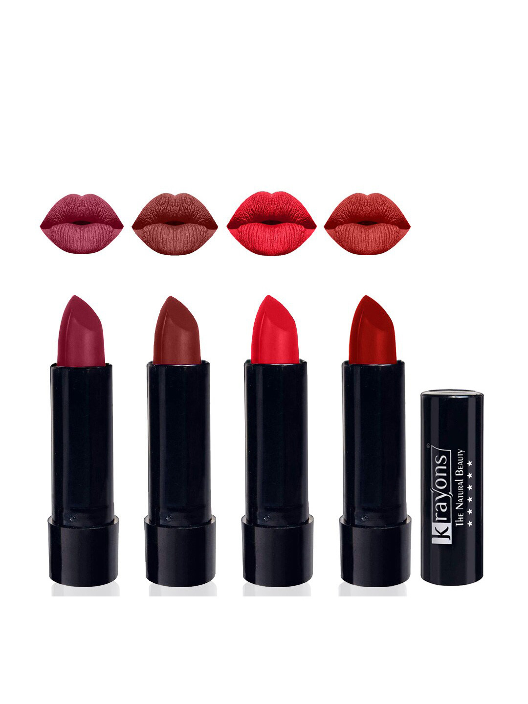 krayons Set of 4 Cute Pop Moisturizing Matte & Waterproof Lipsticks 3.5 g Each - Shocking Pink 152 - Cherry Maroon 195 - Orange Crush 173 - Centre Stage 183