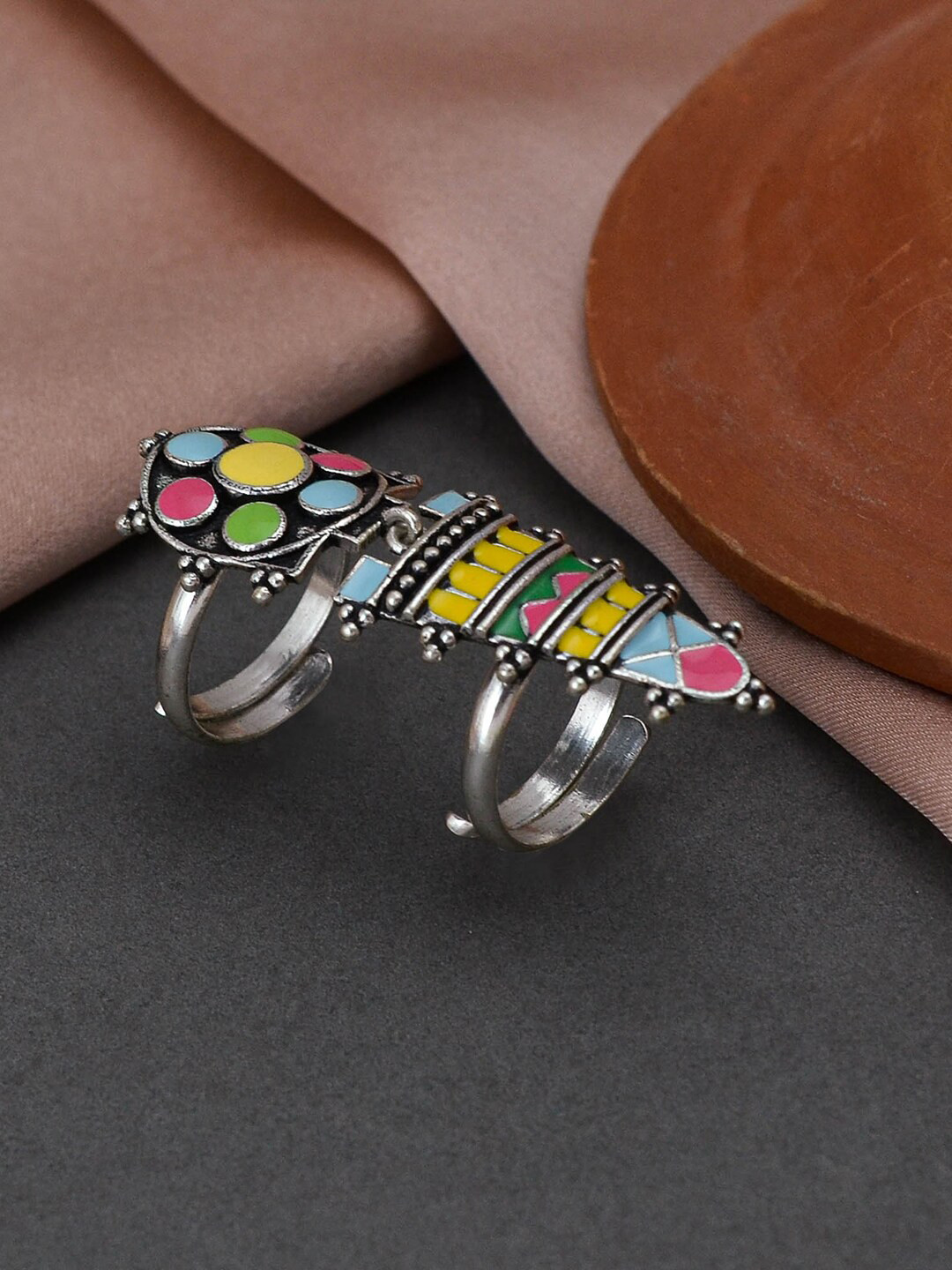 Voylla Silver-Plated Oxidised Folklore Long Finger Ring