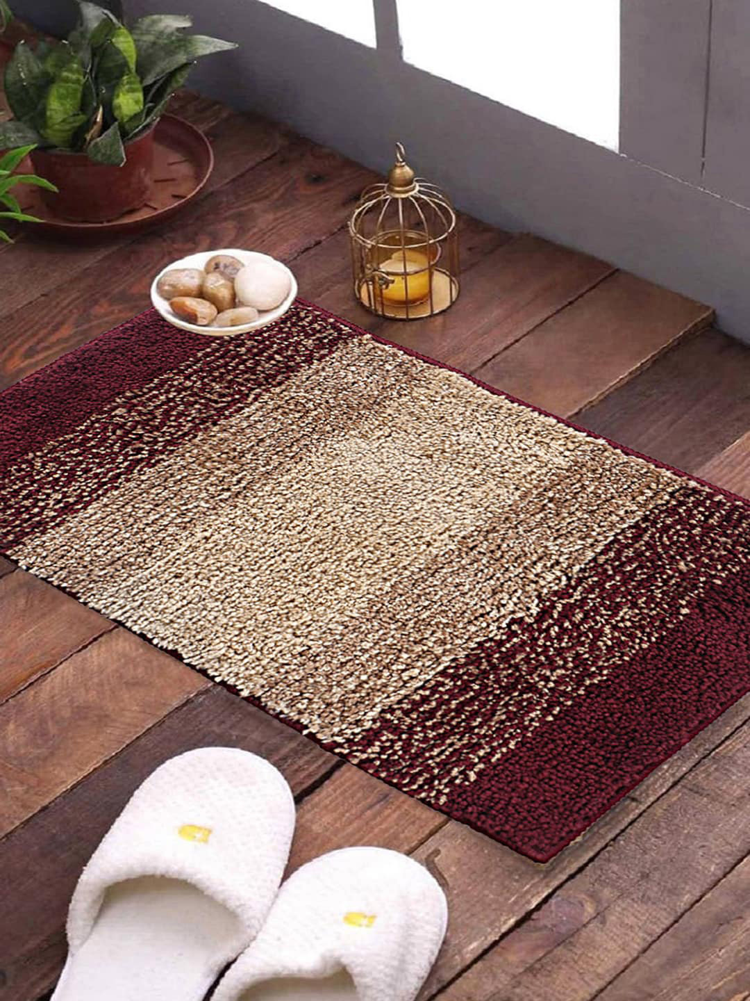 Kuber Industries Set Of 2 Maroon & Beige Cotton Anti Slip Door Mat