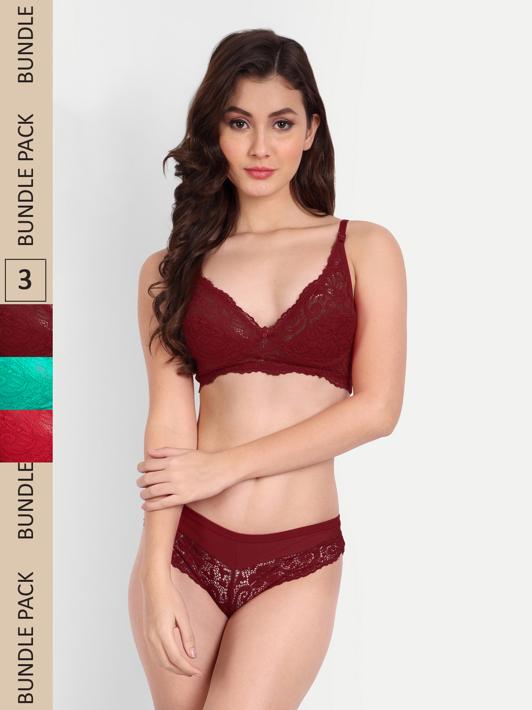 FIMS Pack Of 3  Floral Lace Lingerie Set NEW_Blumer_Set_GreenMaroonRed_B