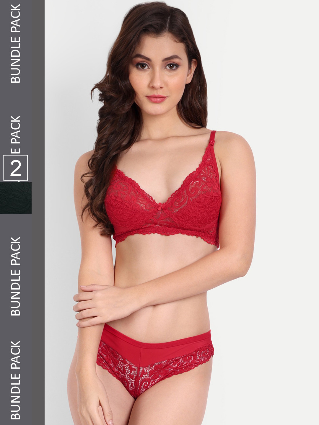 FIMS  Pack of 2 Self Design Lace Lingerie Set NEW_Blumer_Set_BlackRed_B