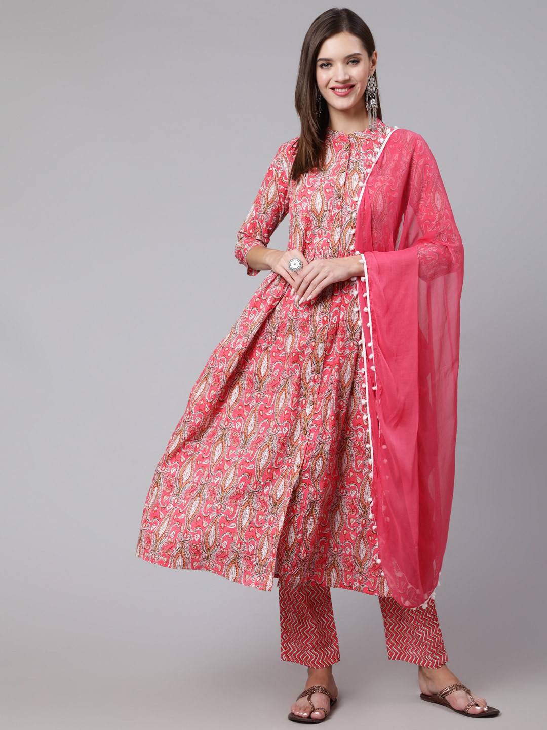 GLAM ROOTS Floral Printed Empire Pure Cotton Kurta with Trousers & With Dupatta