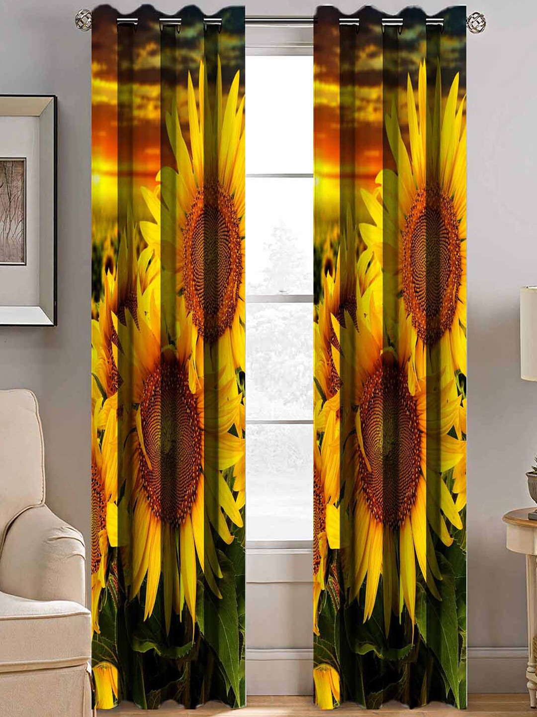 BELLA TRUE Yellow & Green Set of 2 Floral Room Darkening Door Curtains