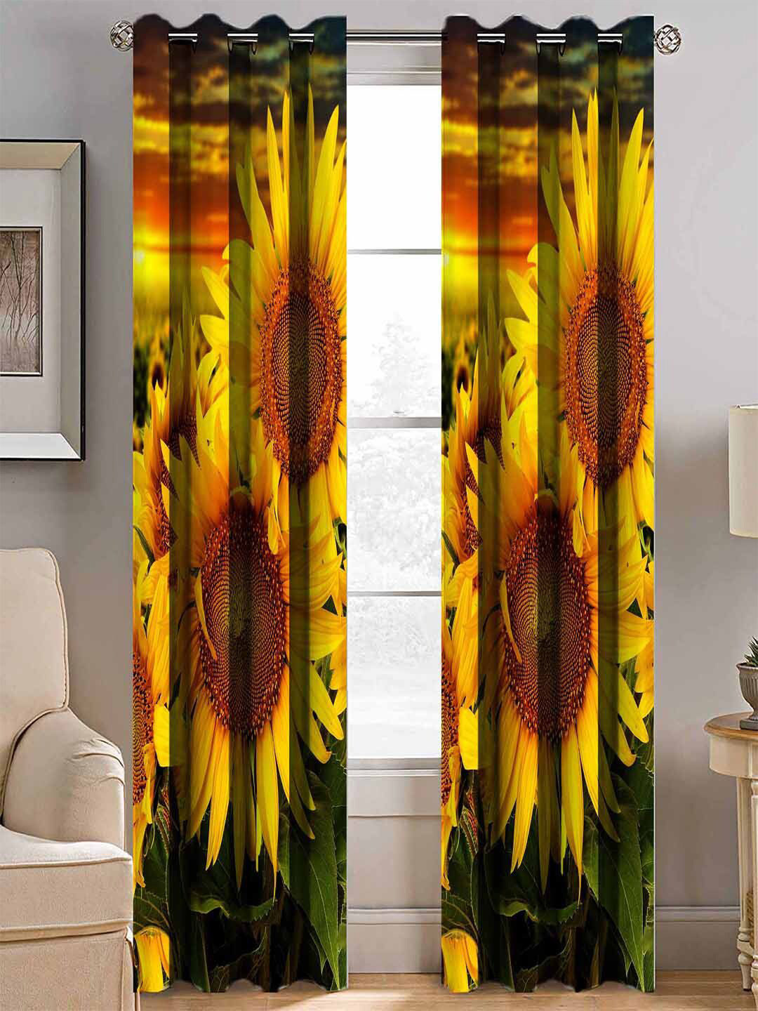 BELLA TRUE Green & Yellow Set of 2 Floral Room Darkening Long Door Curtain
