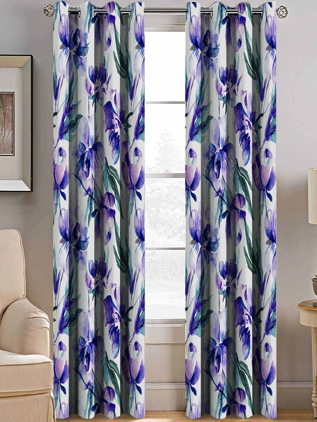 BELLA TRUE Purple & White Set of 2 Floral Room Darkening Long Door Curtain