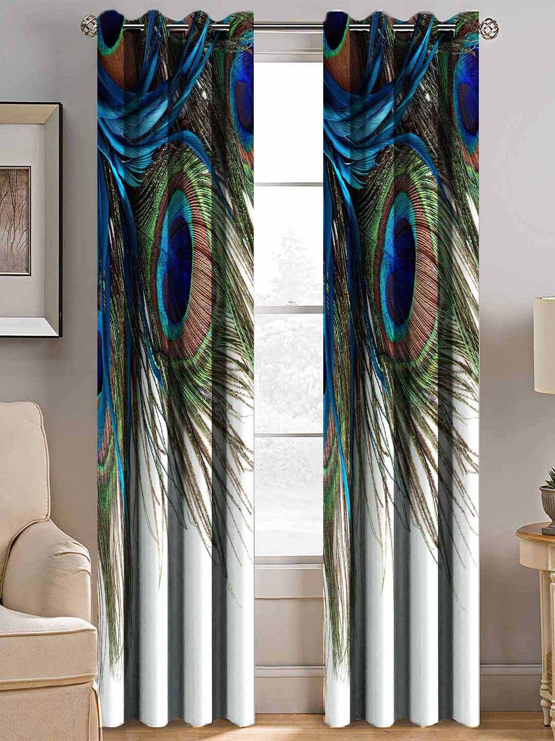 BELLA TRUE White & Blue Set of 2 Quirky Room Darkening Window Curtain