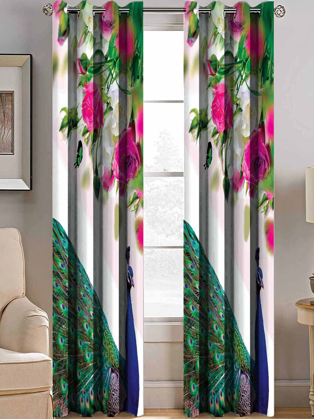 BELLA TRUE White & Pink Set of 2 Ethnic Motifs Room Darkening Long Door Curtains