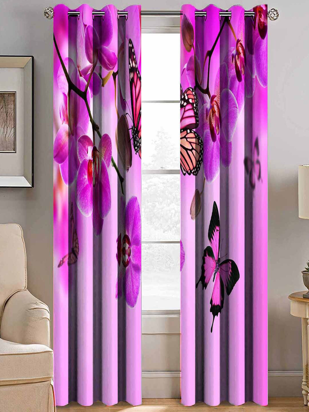BELLA TRUE Purple & Black Set of 2 Floral Room Darkening Long Door Curtain