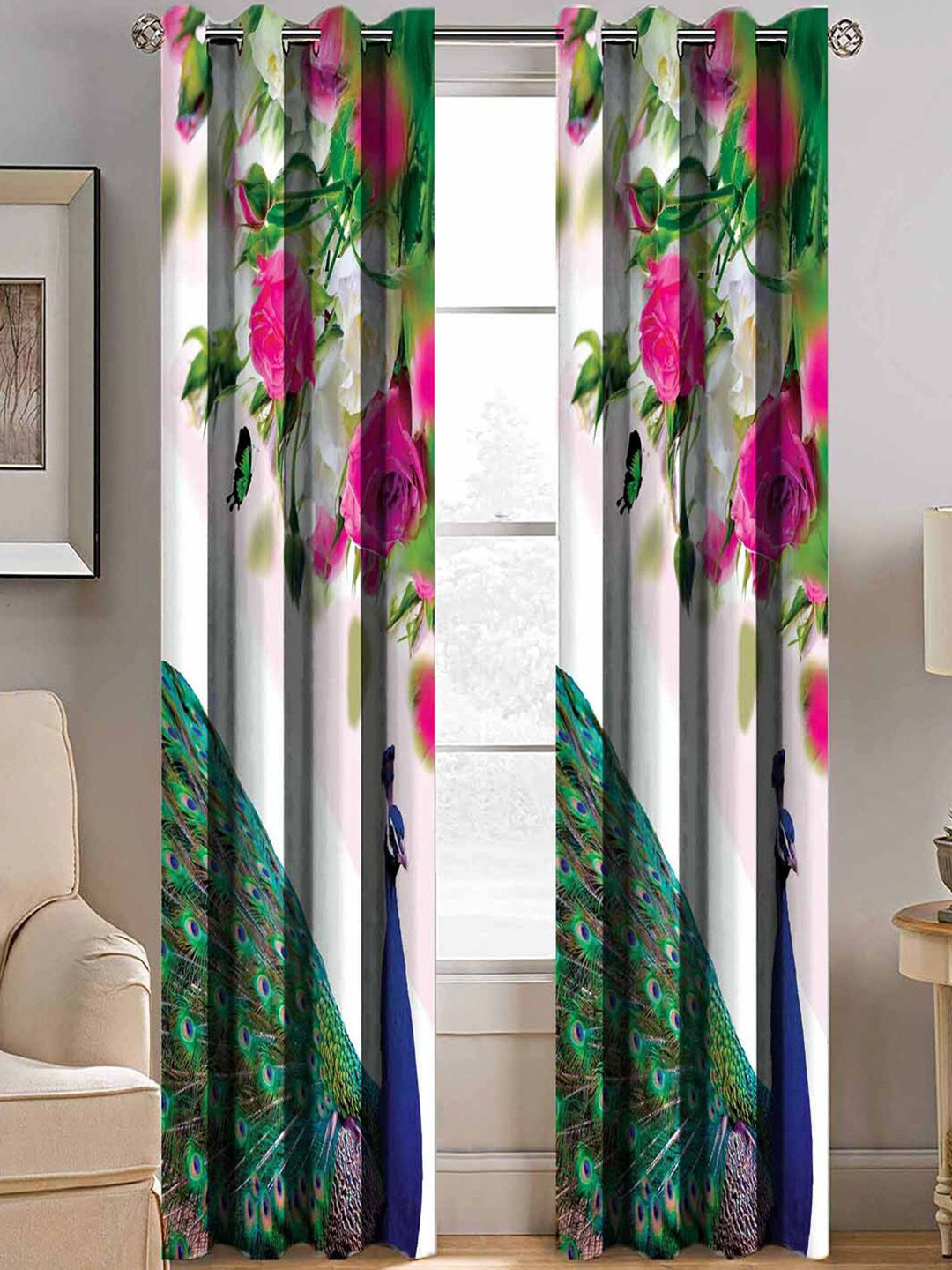 BELLA TRUE White & Pink Set of 2 Floral Room Darkening Door Curtain
