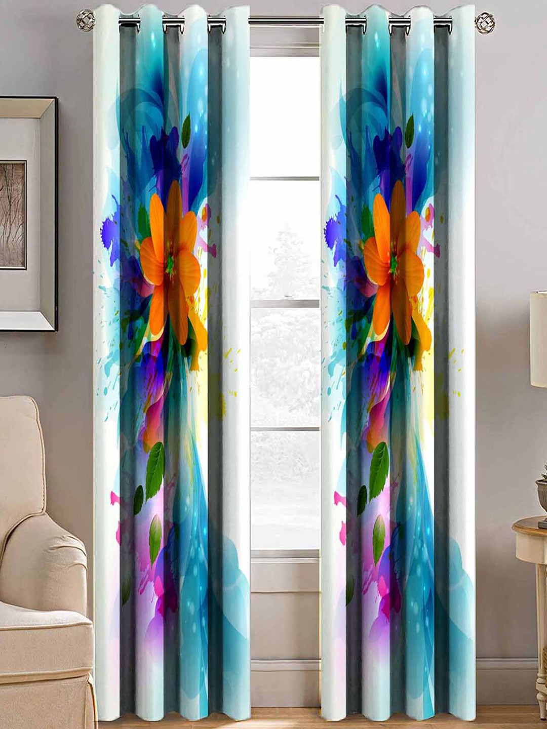 BELLA TRUE Turquoise Blue & Orange Set of 2 Floral Room Darkening Door Curtain