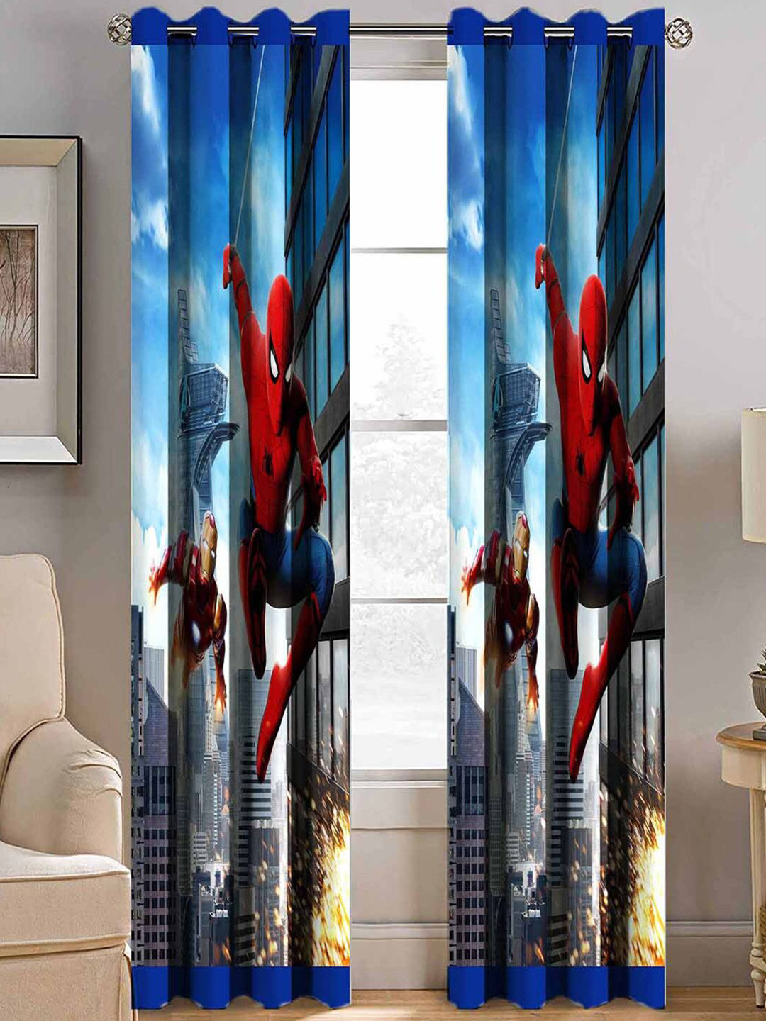 BELLA TRUE Blue & Red Set of 2 Quirky Room Darkening Door Curtain