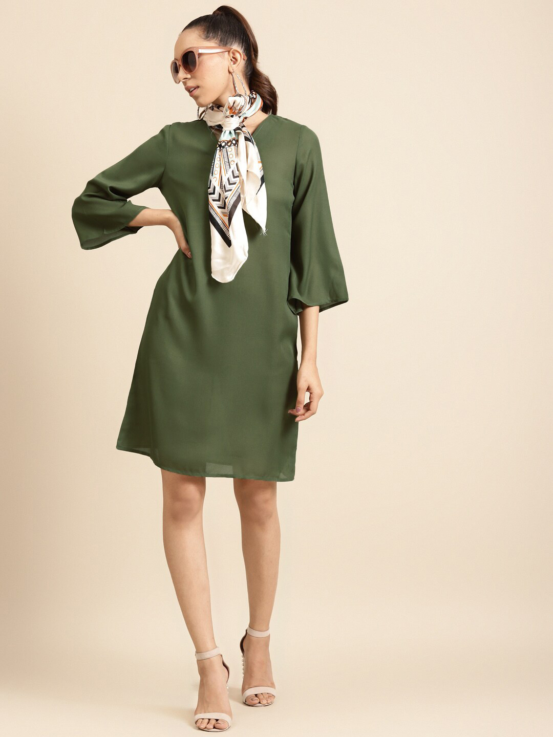 DODO & MOA  Tie-Up Neck Crepe A-Line Dress
