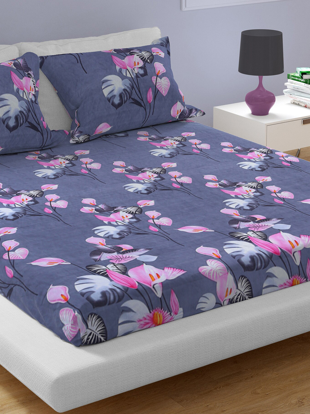 AAZEEM Joy Grey Floral Polyester 160 TC Fitted Queen Bedsheet with 2 Pillow Covers-90 x 85 inches