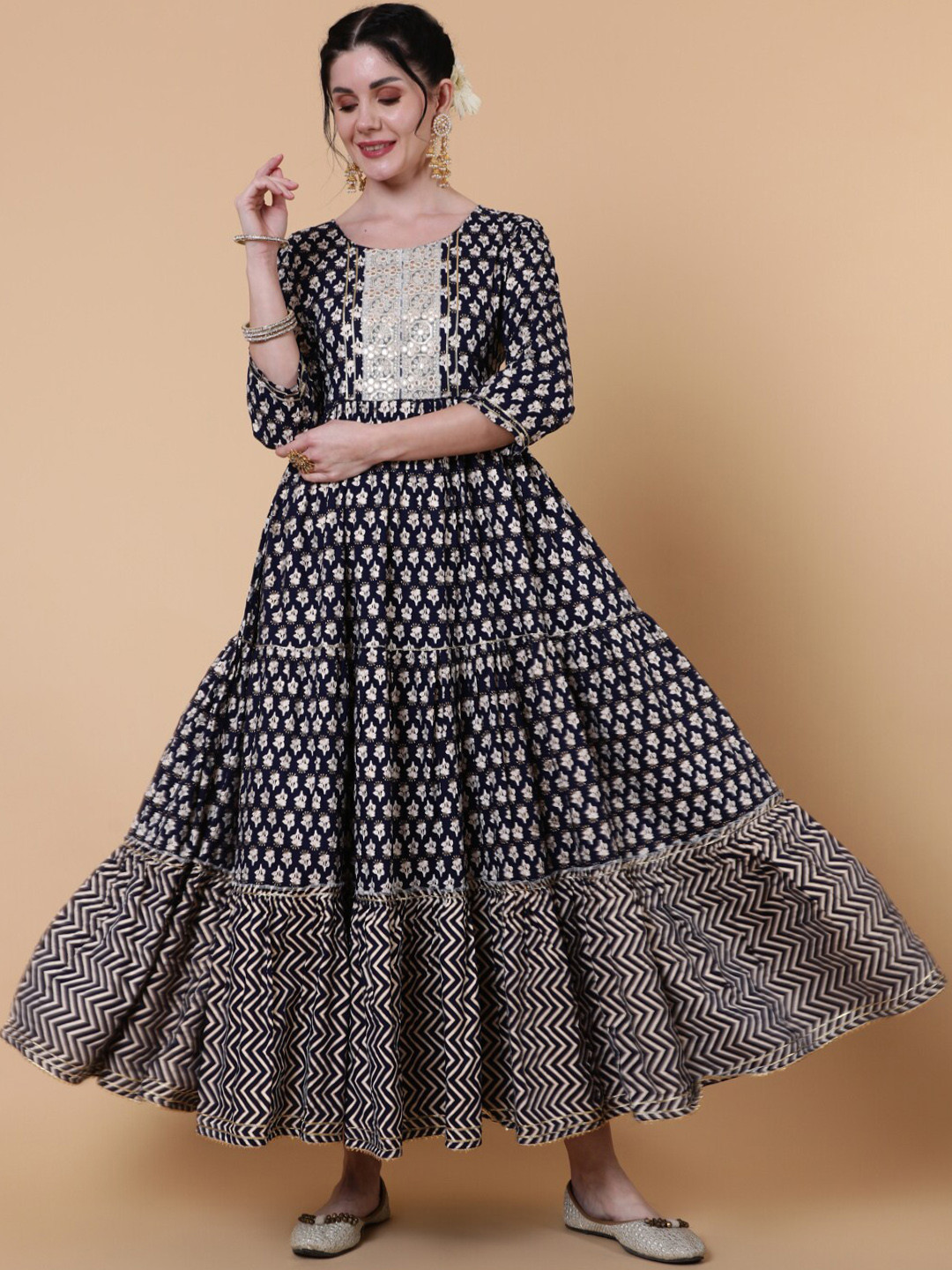 KIMAYRA Floral Printed Sequinned Fit & Flare Ethnic Dress