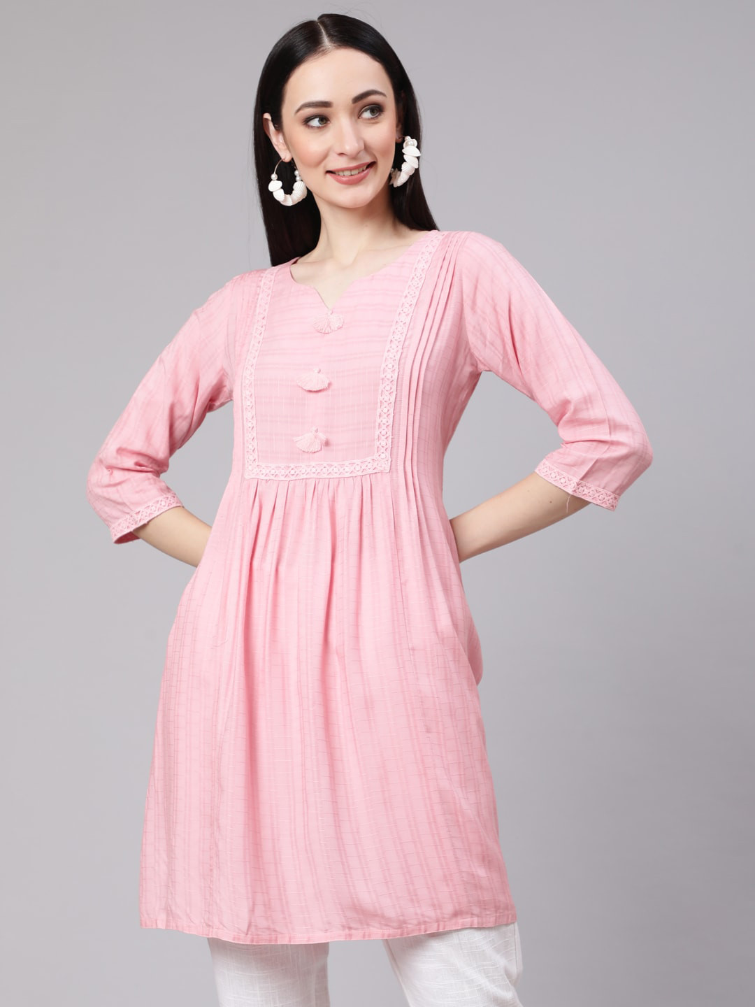 Jaipur Kurti Women Self Weave Pleated Short Kurta With Cotton Straight Fit Tousers Co-Ord Set