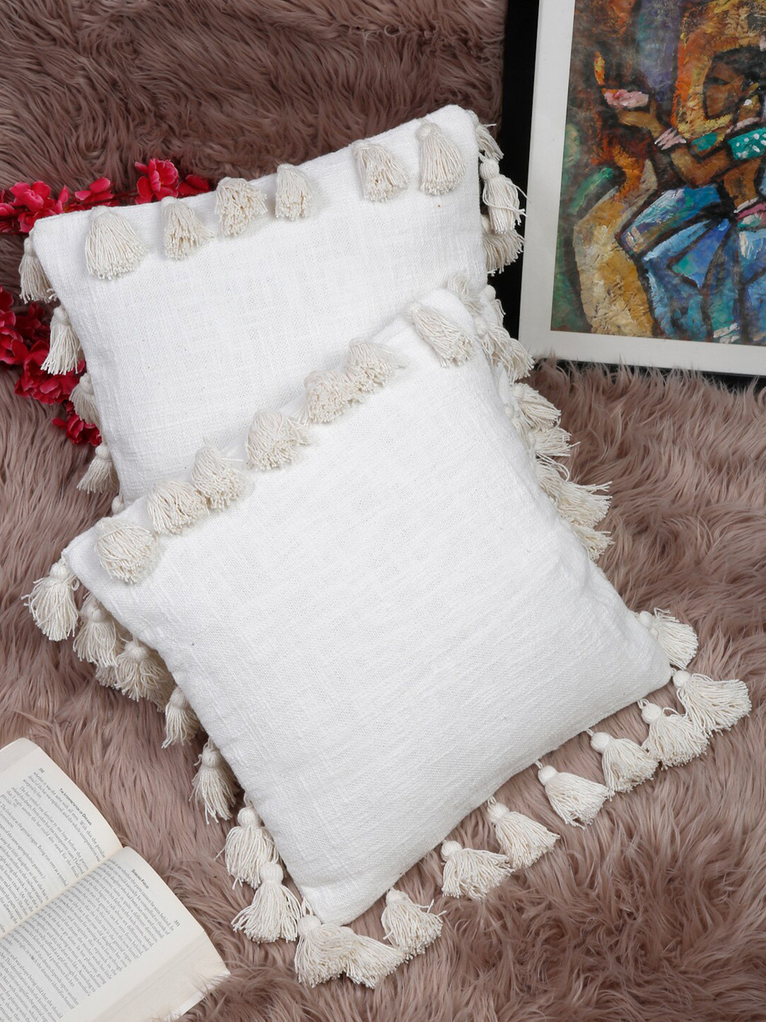 HOSTA HOMES White Cotton Breathable 2 Square Cushion Covers -16x16In